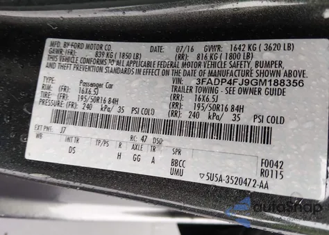 2016 Ford Fiesta Titanium z USA, uszkodzony, nr VIN 3FADP4FJ9GM188356